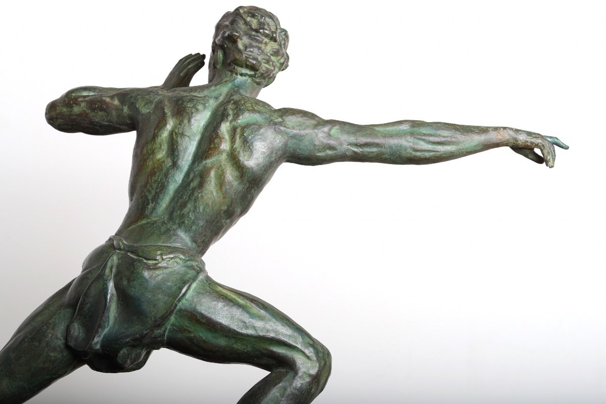 Grande Sculpture Homme Hélant Par Jean De Roncourt,  Le Verrier Fayral Bouraine - Art Deco 1930-photo-5