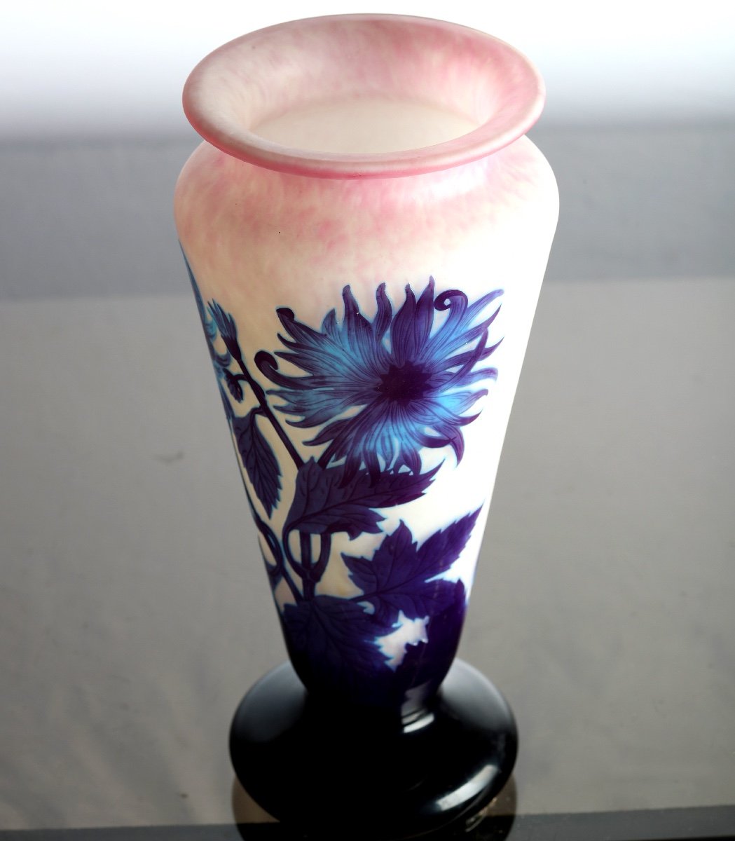 Vase With Blue Dahlias By André Delatte Nancy Era Gallé, Daum, Muller - Art Nouveau-photo-4