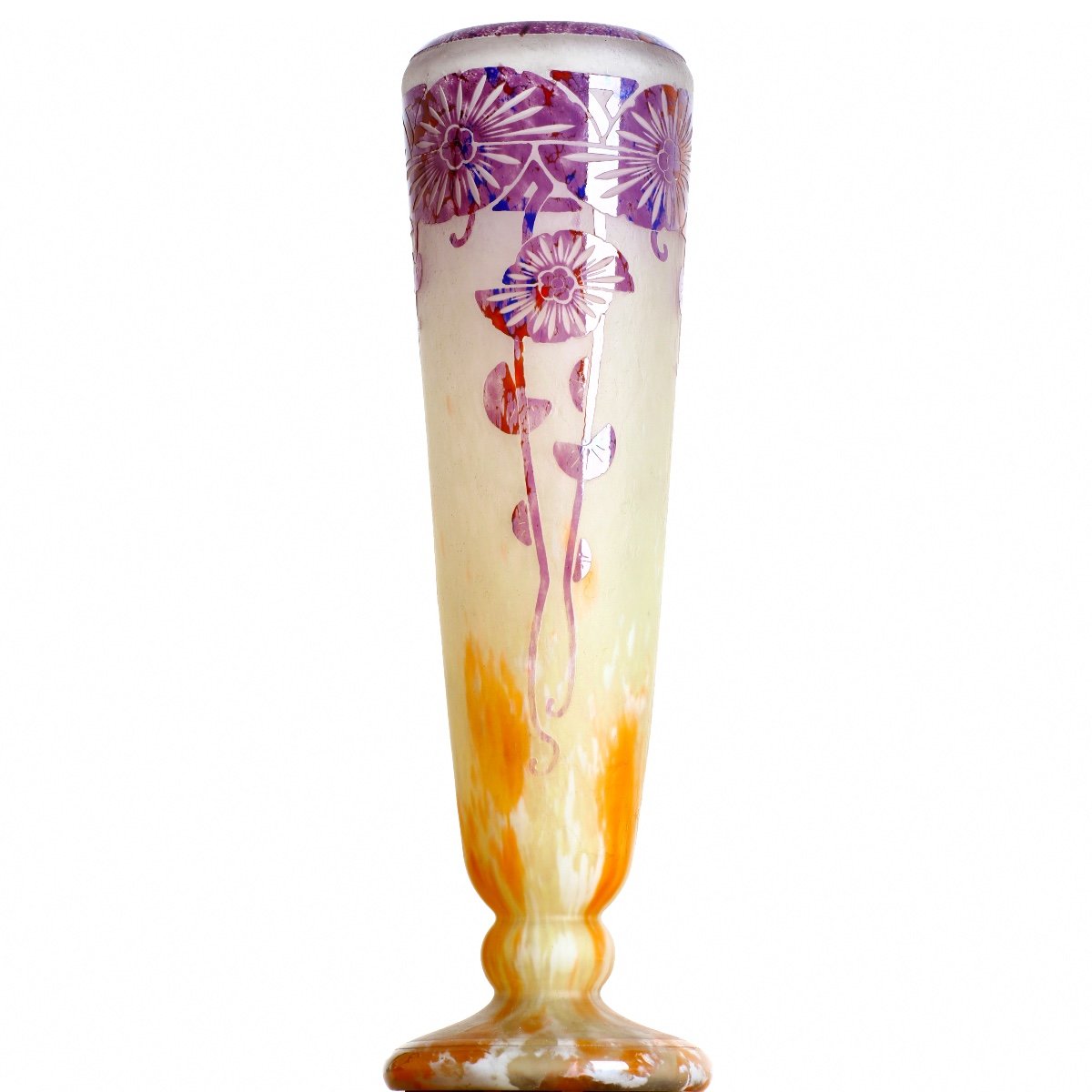 Majestueux Grand  Vase Aux Ancolies Le Verre Français Era Gallé, Daum, Muller - Art Deco 1928