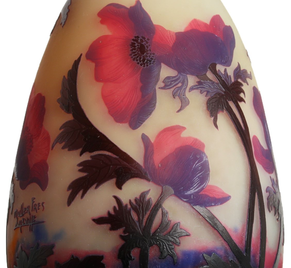 Important Vase Aux Anémones Rouges Muller Frères Lunéville - Era Gallé, Daum, Delatte-photo-1