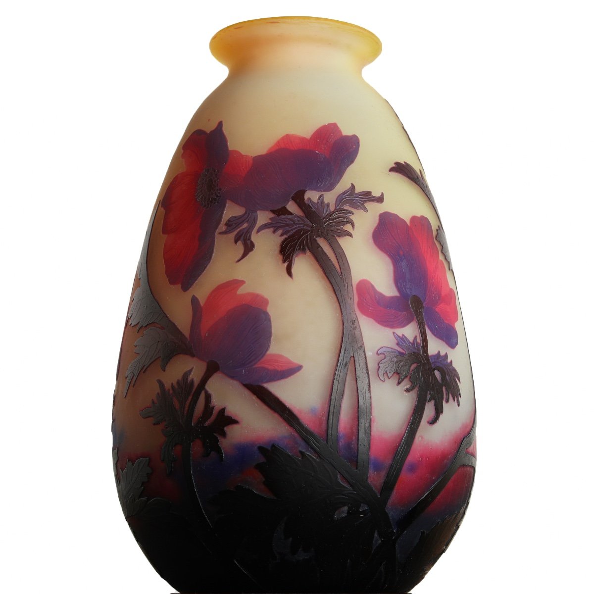 Important Vase Aux Anémones Rouges Muller Frères Lunéville - Era Gallé, Daum, Delatte-photo-2