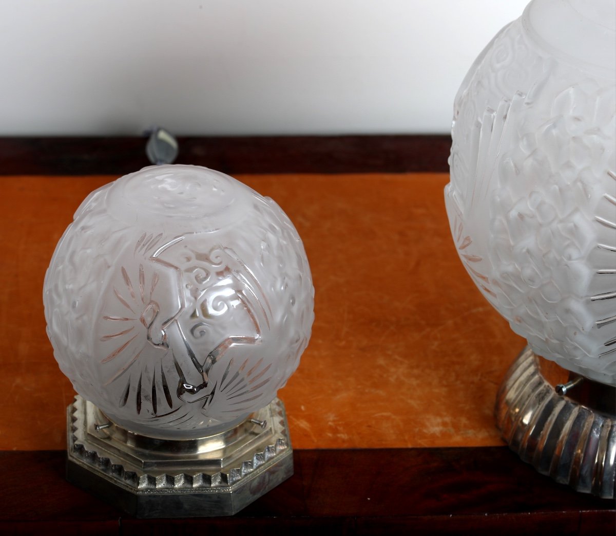 Trio Of Ball Lamps And Nickel-plated Bronze Frame By Muller Frères Lunéville Art Deco 1925-photo-6