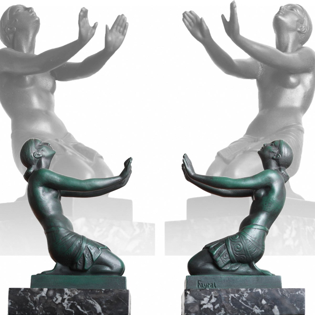 Paire De Sculptures Serre-livres  Extase Par Fayral Le Faguays éditeur Le Verrier Art Deco 1930