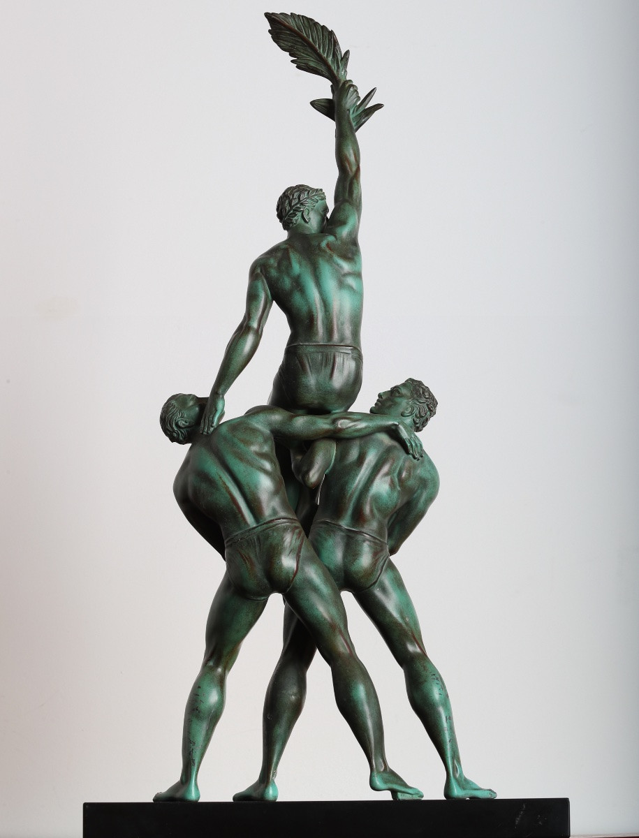 Large Group Trophy 3 Athletes By Pierre Le Faguays, Fayral Publisher Le Verrier Art Deco 1925-photo-4