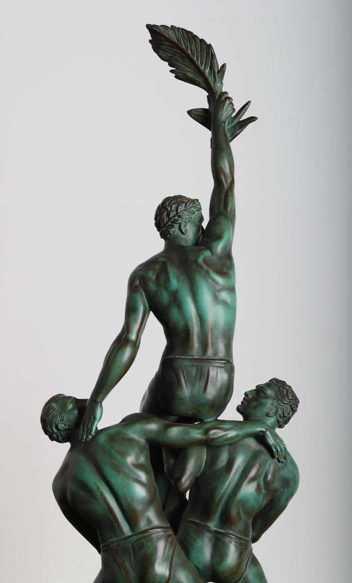 Large Group Trophy 3 Athletes By Pierre Le Faguays, Fayral Publisher Le Verrier Art Deco 1925-photo-5