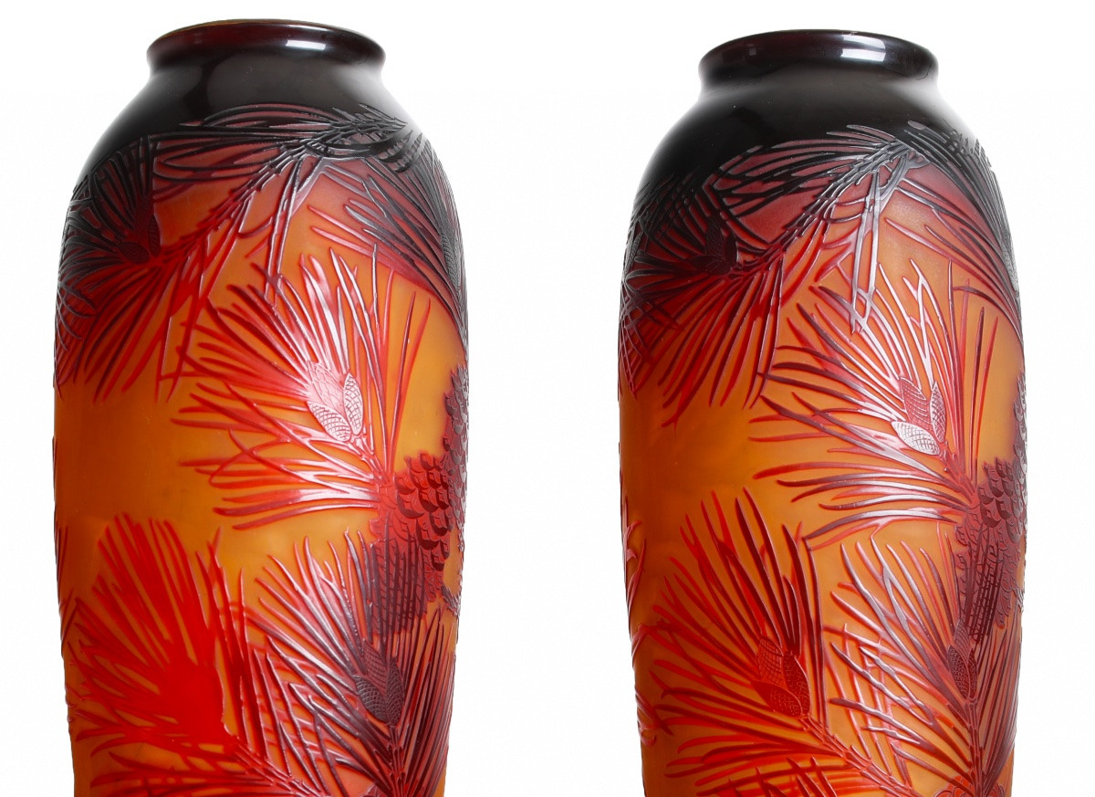 Pair Of Pine Vases By d'Argental Paul Nicolas Era Gallé, Daum, Delatte Art Nouveau 1920-photo-2