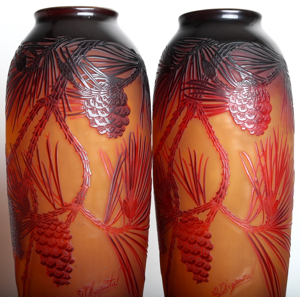 Pair Of Pine Vases By d'Argental Paul Nicolas Era Gallé, Daum, Delatte Art Nouveau 1920-photo-7