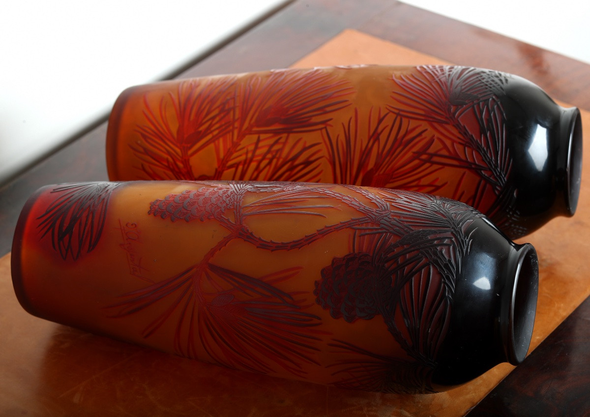 Pair Of Pine Vases By d'Argental Paul Nicolas Era Gallé, Daum, Delatte Art Nouveau 1920-photo-8