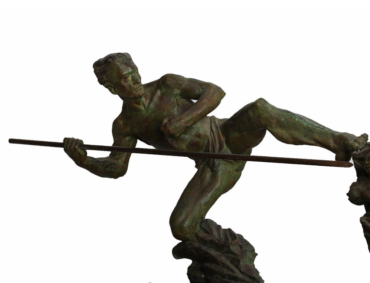 Sculpture "lioness Hunt" Bronze By P. Berjean - Le Verrier Fayral Bouraine Art Deco 1930-photo-2