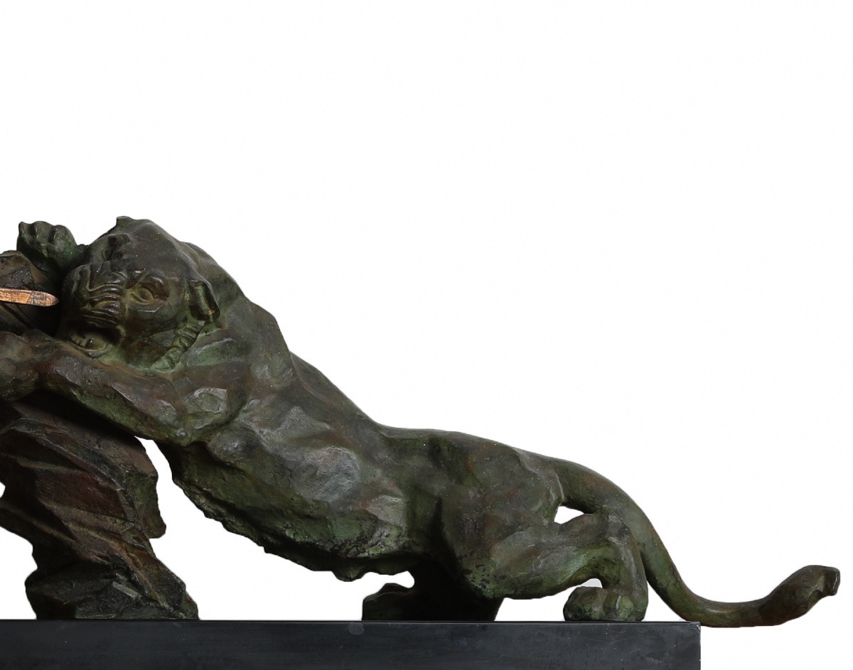 Sculpture "lioness Hunt" Bronze By P. Berjean - Le Verrier Fayral Bouraine Art Deco 1930-photo-3