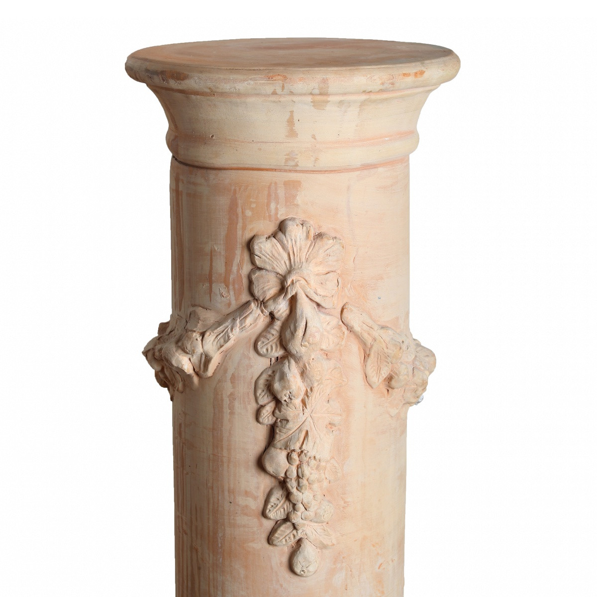 Terracotta Column, Base, Neo-classical Style Sheath With Flower Garland 1900-photo-1