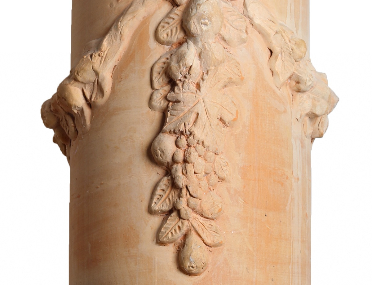Terracotta Column, Base, Neo-classical Style Sheath With Flower Garland 1900-photo-2