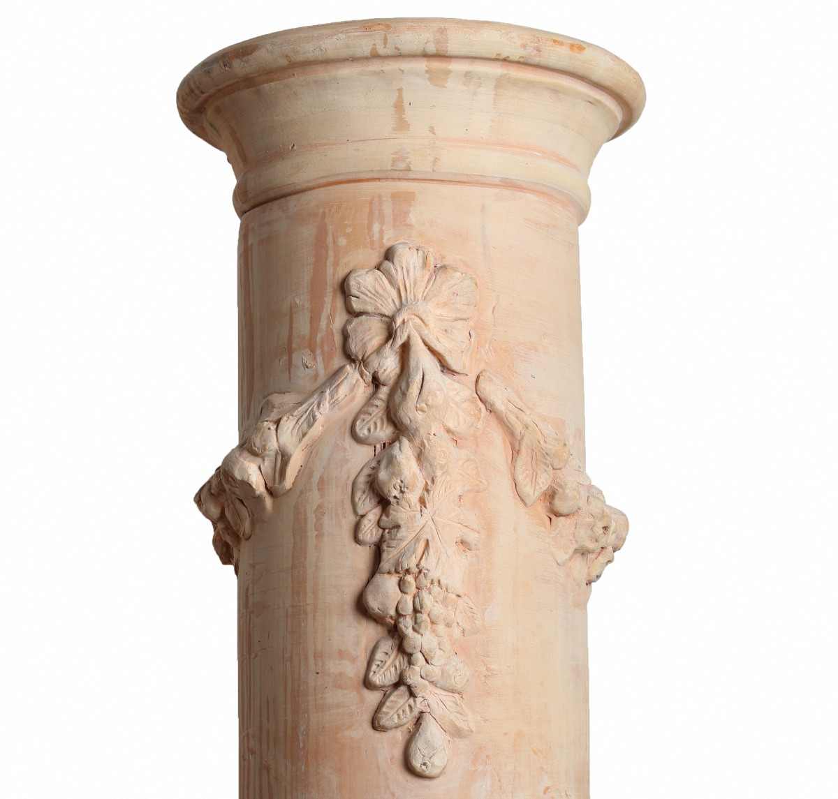 Terracotta Column, Base, Neo-classical Style Sheath With Flower Garland 1900-photo-4
