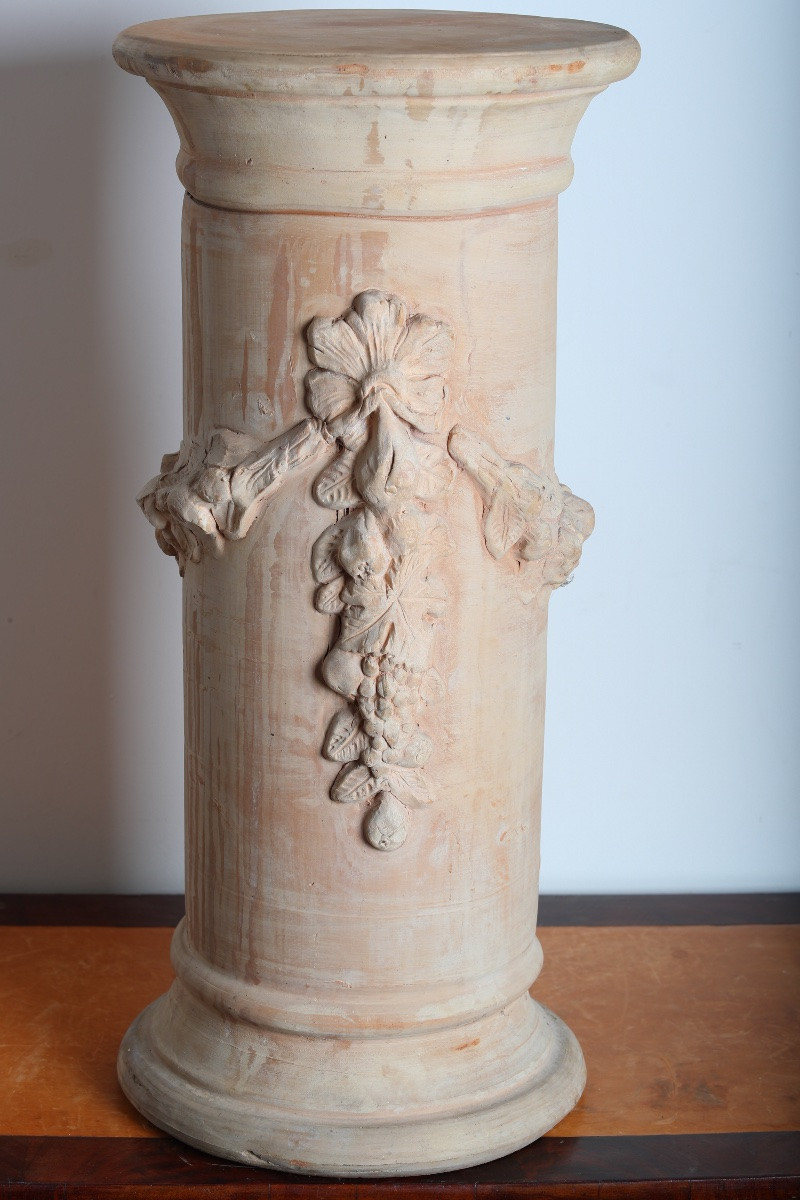 Terracotta Column, Base, Neo-classical Style Sheath With Flower Garland 1900-photo-5