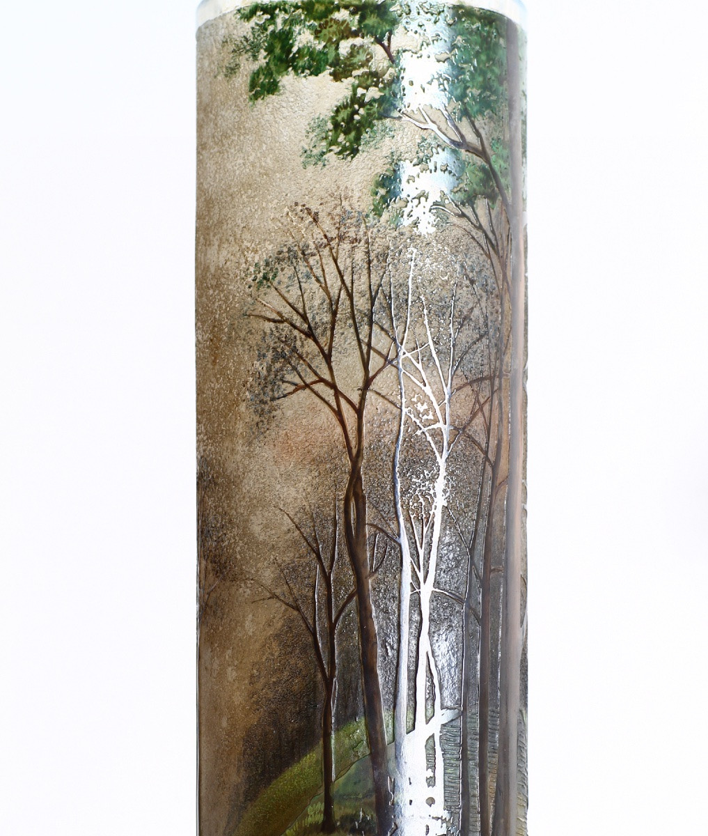 High Lamartine Glass Vase With Lake Landscape Era Daum, Gallé, d'Argental Art Nouveau 1900-photo-3