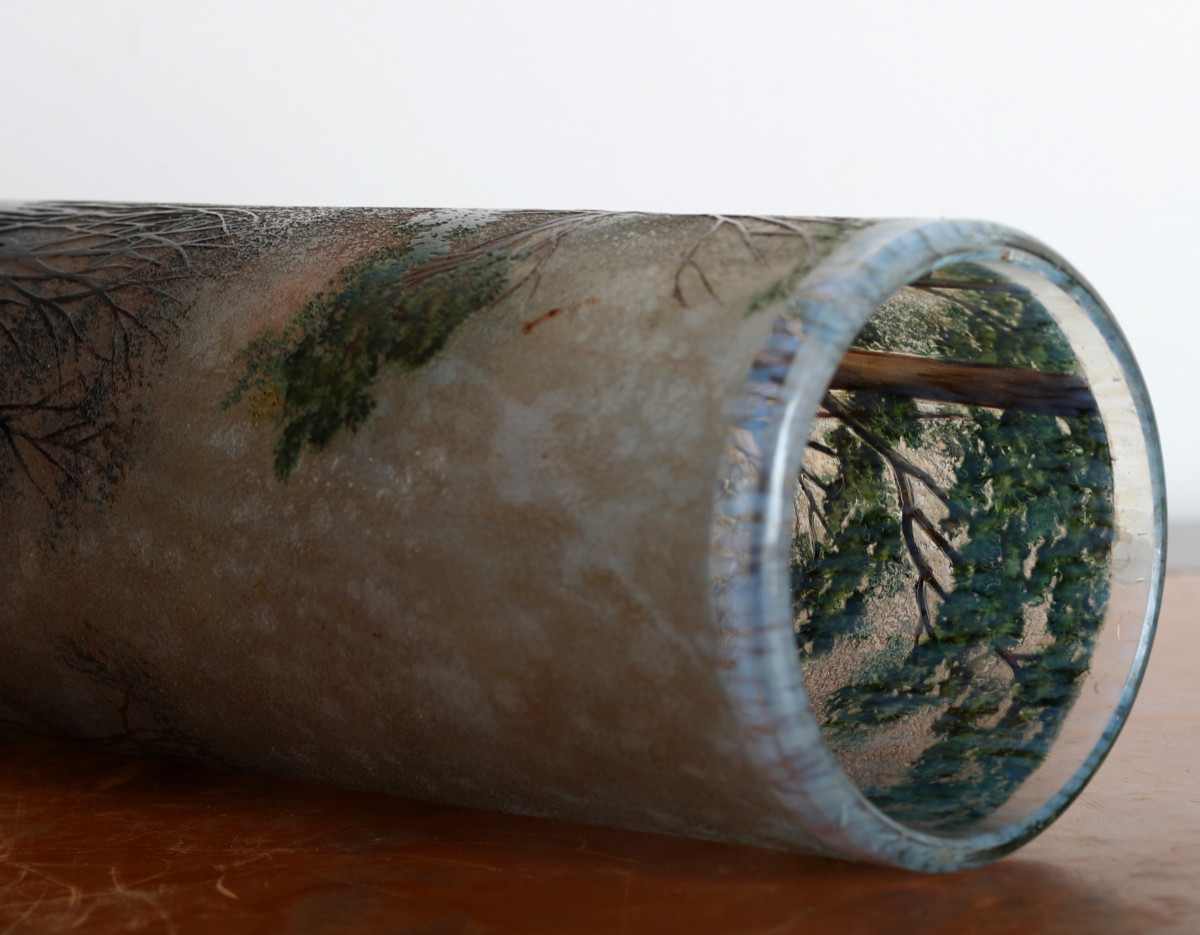 High Lamartine Glass Vase With Lake Landscape Era Daum, Gallé, d'Argental Art Nouveau 1900-photo-2