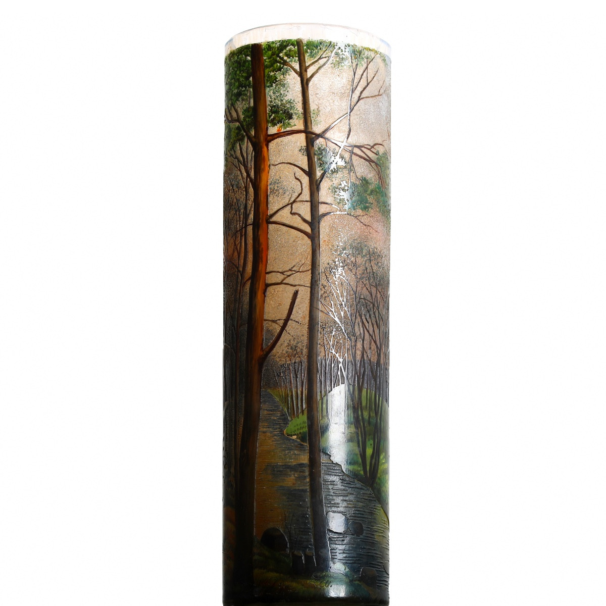 High Lamartine Glass Vase With Lake Landscape Era Daum, Gallé, d'Argental Art Nouveau 1900