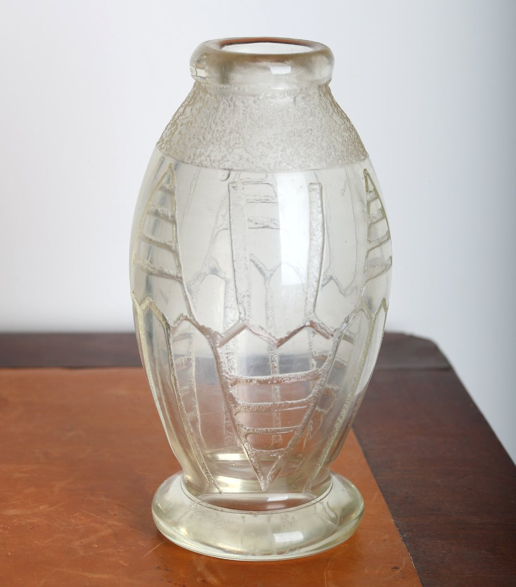 Geometric Vase By David Gueron Known As Degué Art Deco 1930 Era Daum, Muller, Delatte, Schneider-photo-3