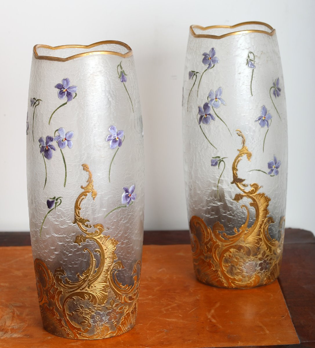 Paire De Grands Vases Aux Violettes Par Montjoye Legras 1900 - Art Nouveau era Daum, Gallé-photo-4