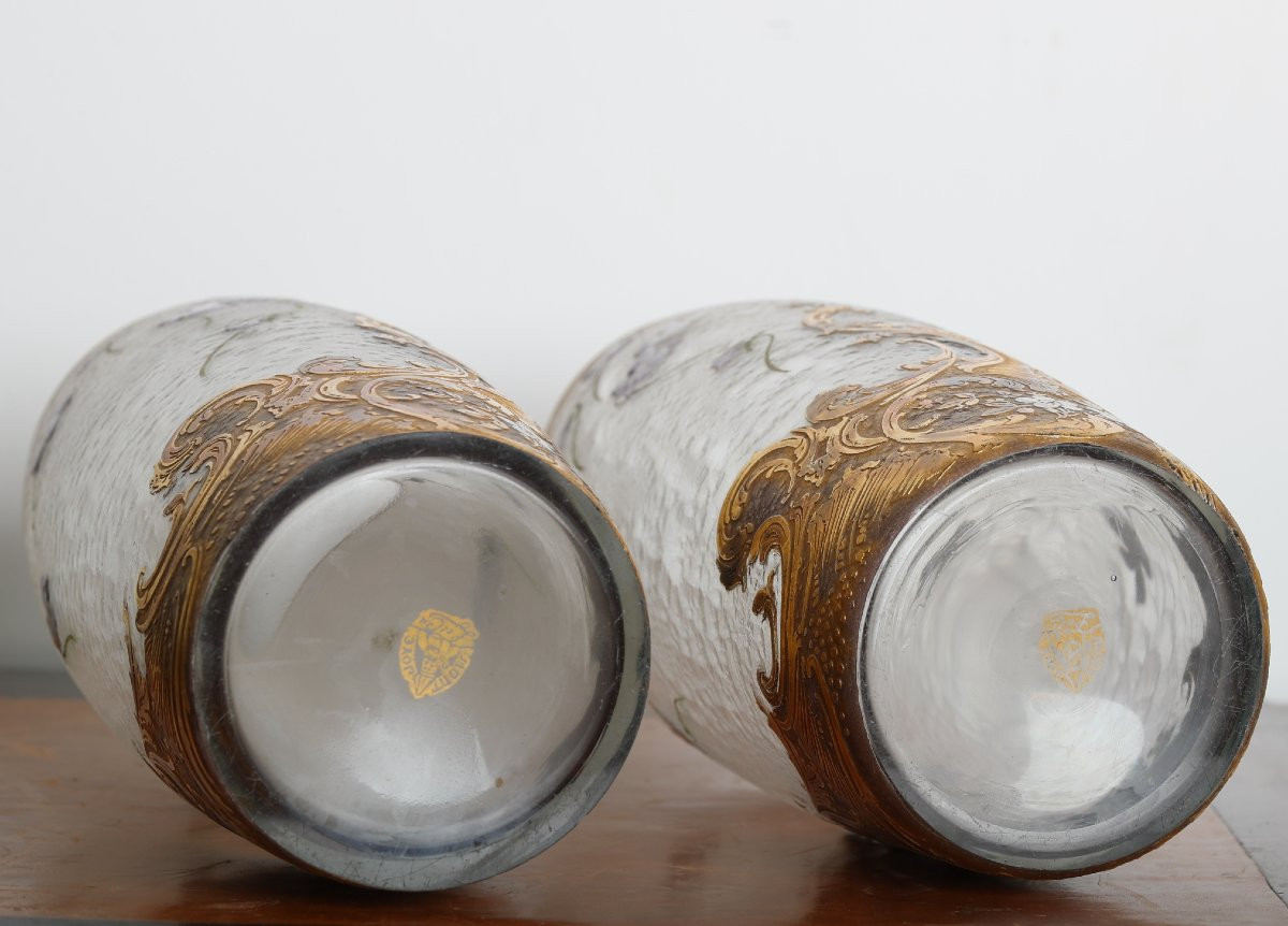 Paire De Grands Vases Aux Violettes Par Montjoye Legras 1900 - Art Nouveau era Daum, Gallé-photo-5