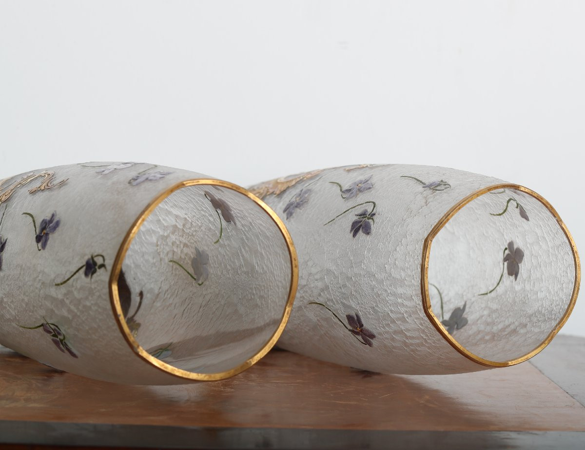 Paire De Grands Vases Aux Violettes Par Montjoye Legras 1900 - Art Nouveau era Daum, Gallé-photo-7