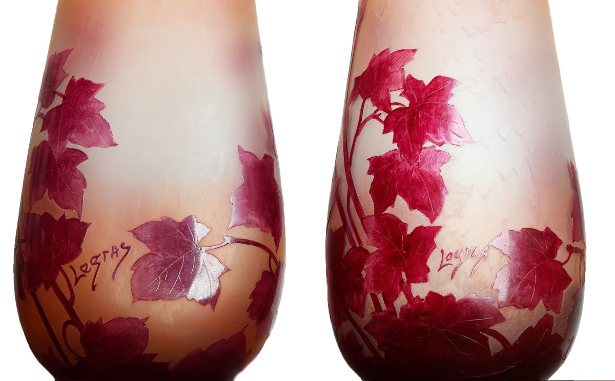 Pair Of Trilobed Vases, 1910, Ruby, 16,9", By François-théodore Legras (1839-1916)- Art Nouveau-photo-3