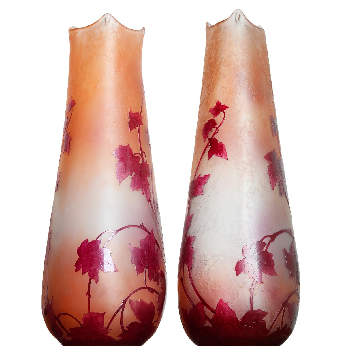 Pair Of Trilobed Vases, 1910, Ruby, 16,9", By François-théodore Legras (1839-1916)- Art Nouveau-photo-1