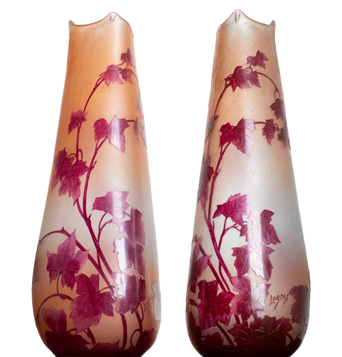 Pair Of Trilobed Vases, 1910, Ruby, 16,9", By François-théodore Legras (1839-1916)- Art Nouveau