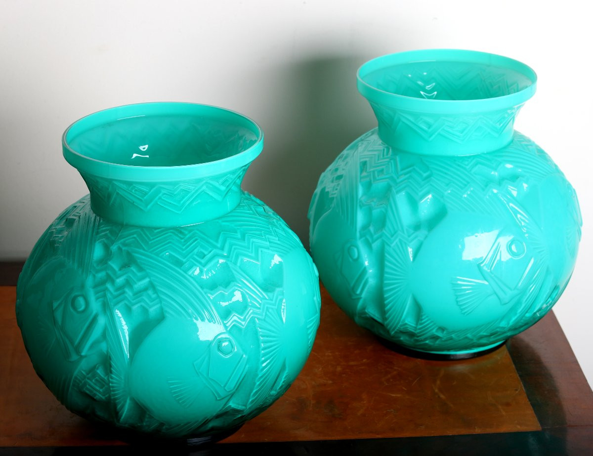 Rare paire de Vases aux Poissons par Pierre d'Avesn Art Deco 1925 -  Daum, Muller, Lalique-photo-4