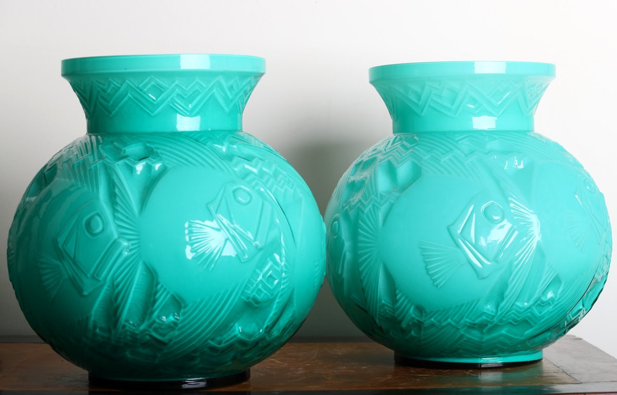 Rare paire de Vases aux Poissons par Pierre d'Avesn Art Deco 1925 -  Daum, Muller, Lalique-photo-1