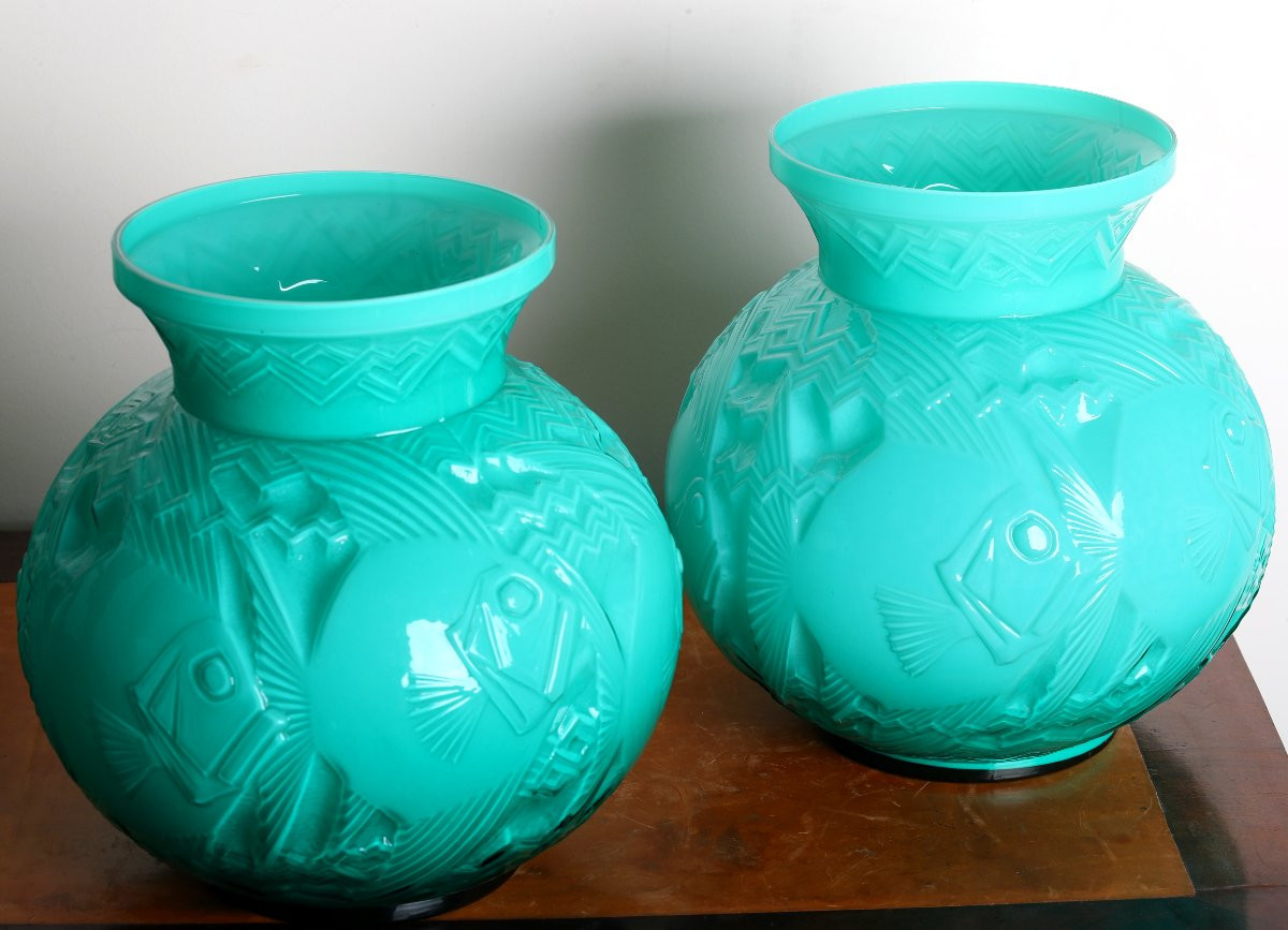 Rare paire de Vases aux Poissons par Pierre d'Avesn Art Deco 1925 -  Daum, Muller, Lalique-photo-8