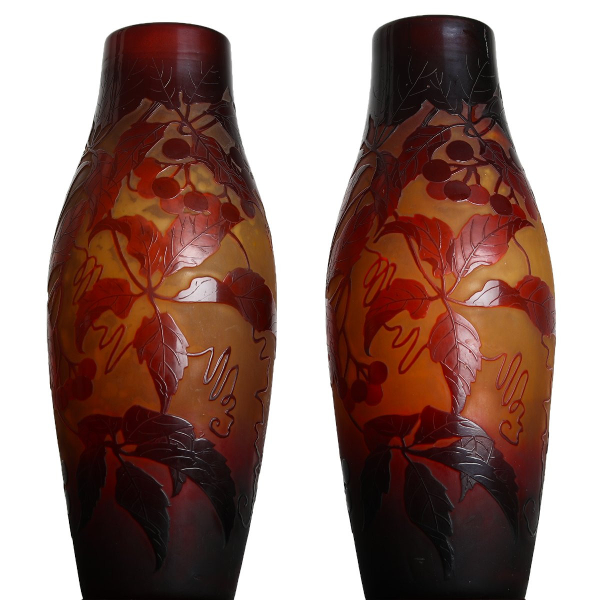 Pair Of Virginia Creeper Vases By Paul Nicolas d'Argental - Gallé, Daum, Delatte Art Nouveau 1920-photo-1