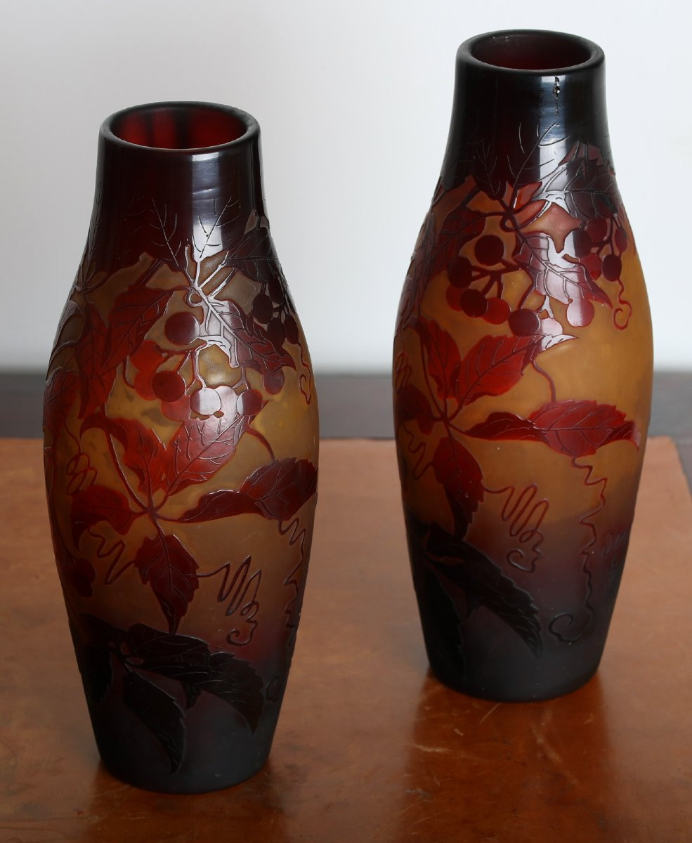 Pair Of Virginia Creeper Vases By Paul Nicolas d'Argental - Gallé, Daum, Delatte Art Nouveau 1920-photo-6