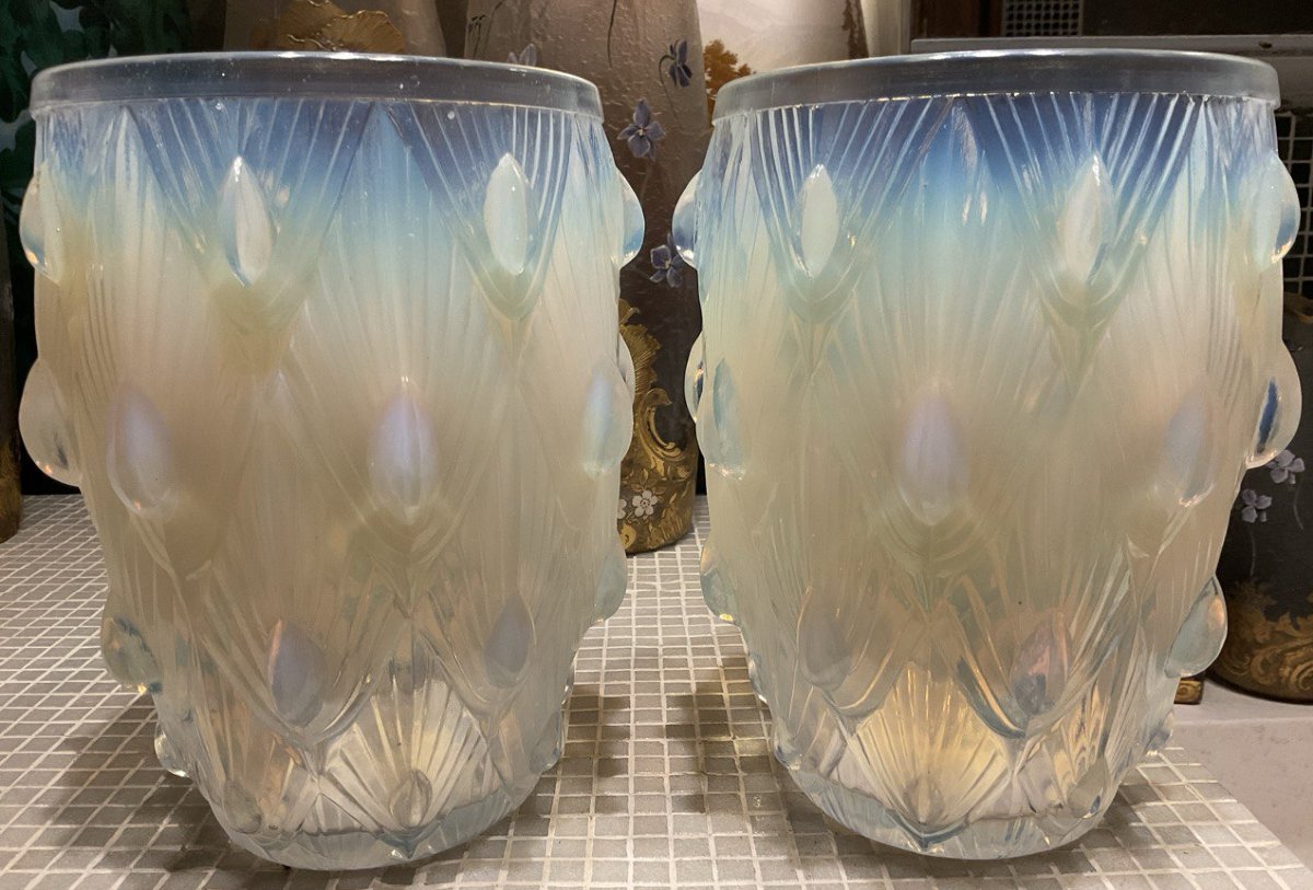 Paire Vases opalescents 32 Cabochons Sabino 1878-1961 Art Deco 1930 Era Daum, Lalique, d'Avesn -photo-5