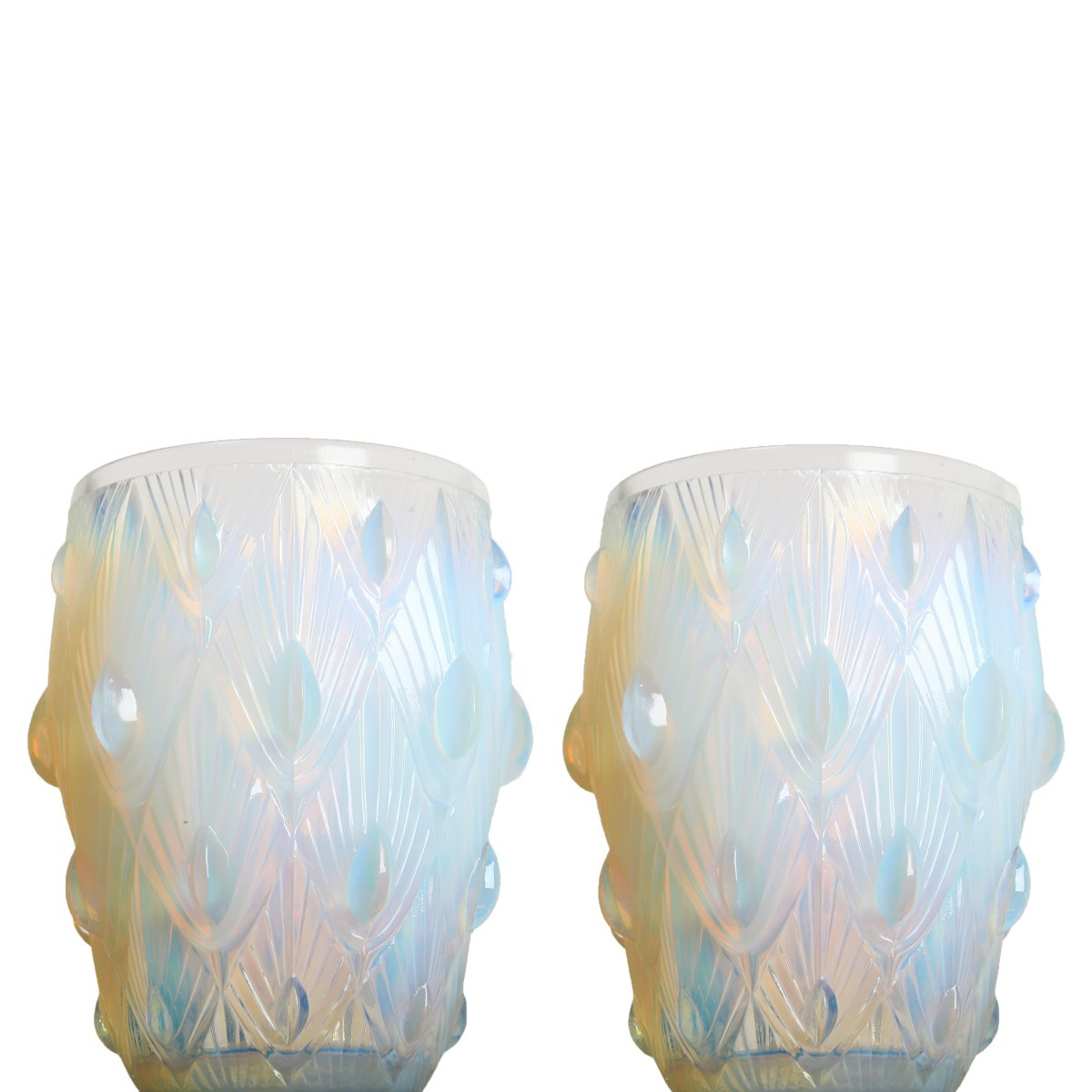 Paire Vases opalescents 32 Cabochons Sabino 1878-1961 Art Deco 1930 Era Daum, Lalique, d'Avesn 
