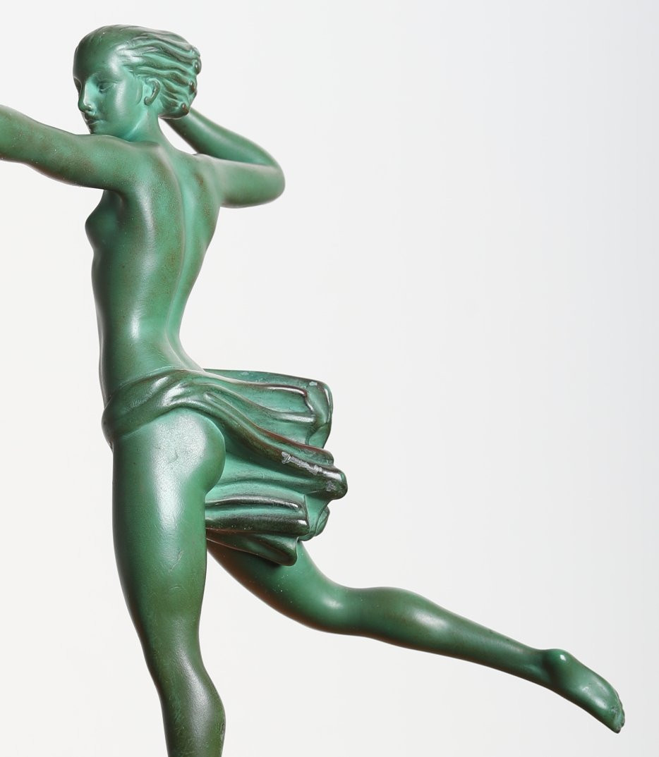 Atalante Sculpture 12,6" By Demarco, Diana Huntress By Max Le Verrier - 1928 Art Deco -photo-3
