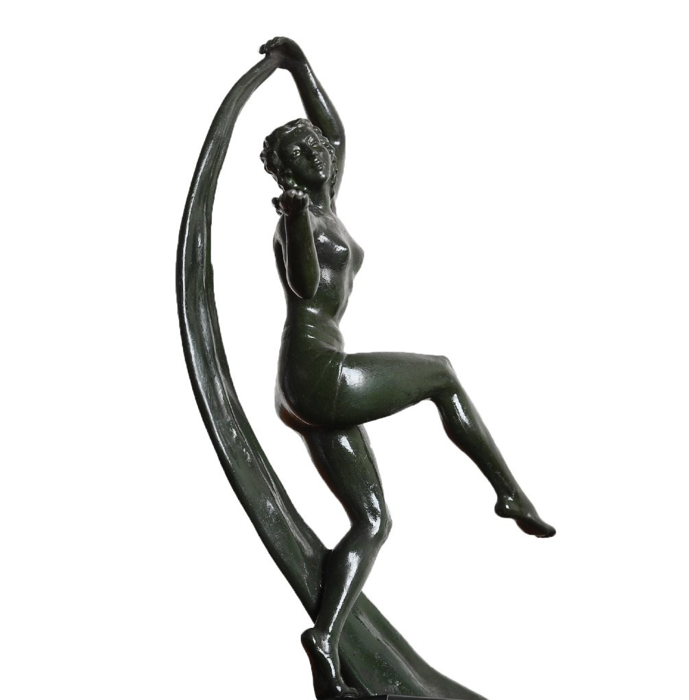 Sculpture danseuse au voile en régule Art Deco 1930 era Le Verrier, Fayral-photo-3