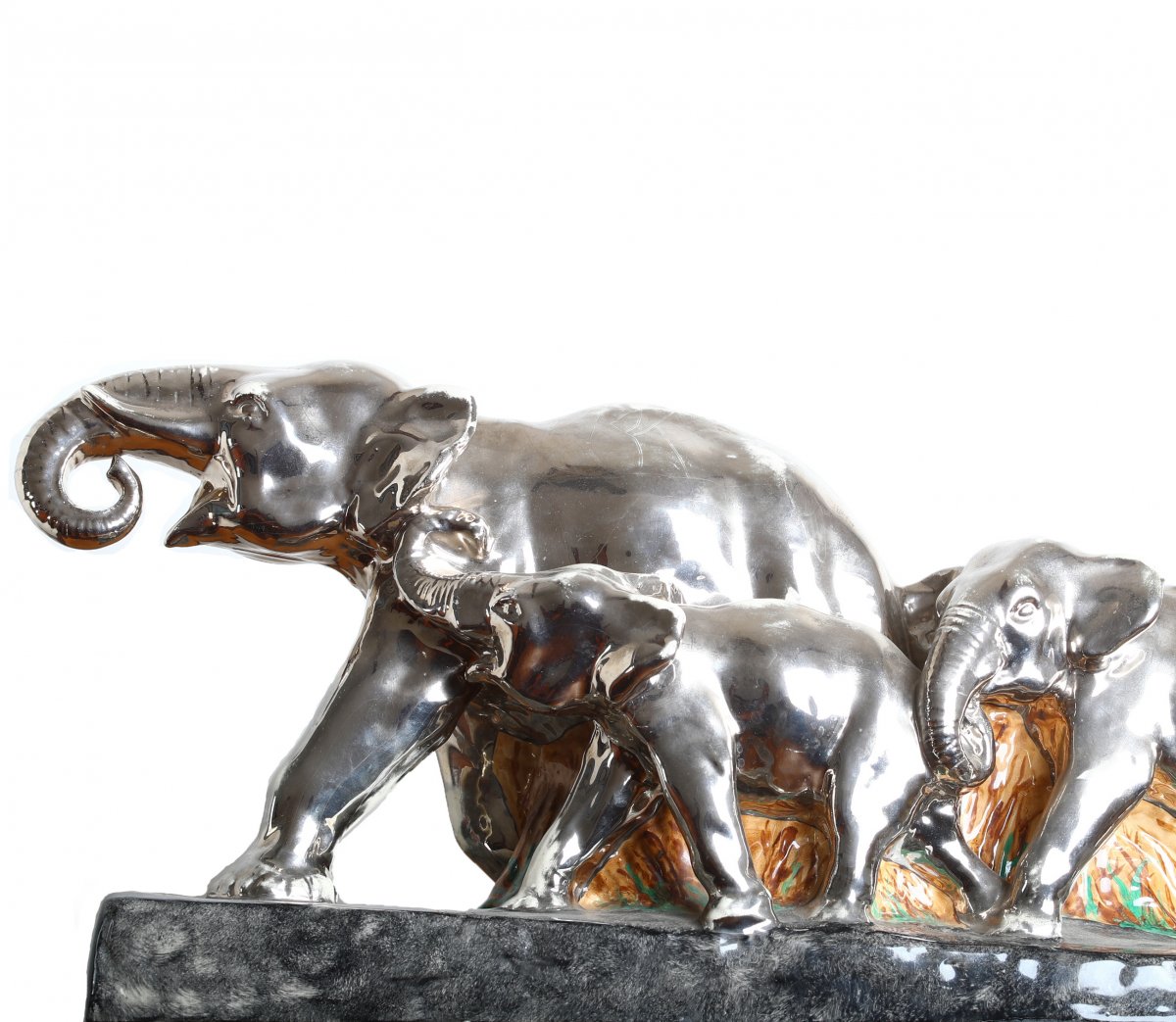 Large Sculpture Group Three Elephants In Silver Ceramic - Art Deco-photo-1