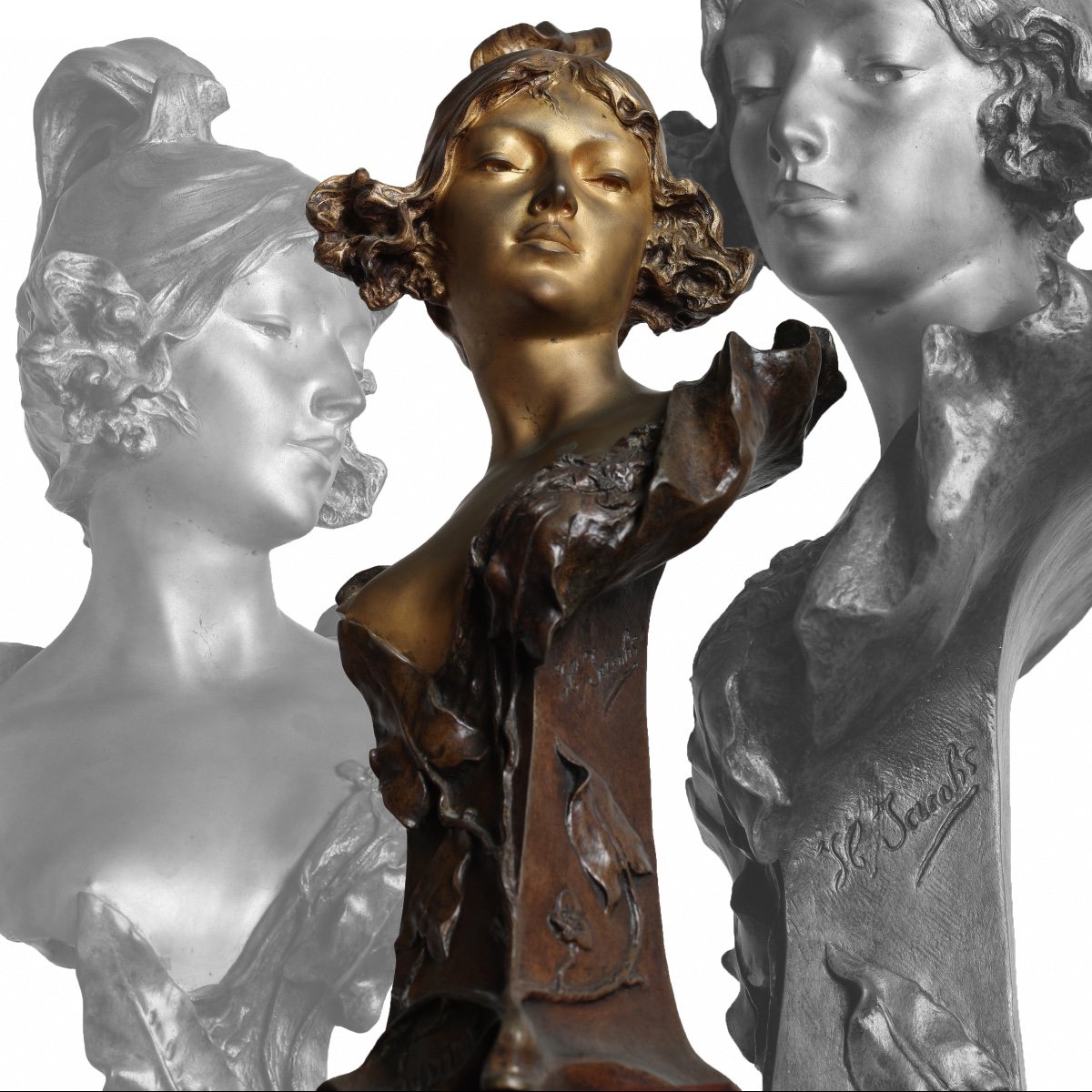 Grande Sculpture Bronze Buste d'Une Jeune Femme Art Nouveau Signé Henri Jacobs  Circa 1904