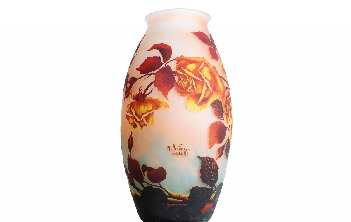 Impressive Vase Glass With Roses Signed Muller Frères Lunéville - Art Nouveau Circa 1920-photo-3