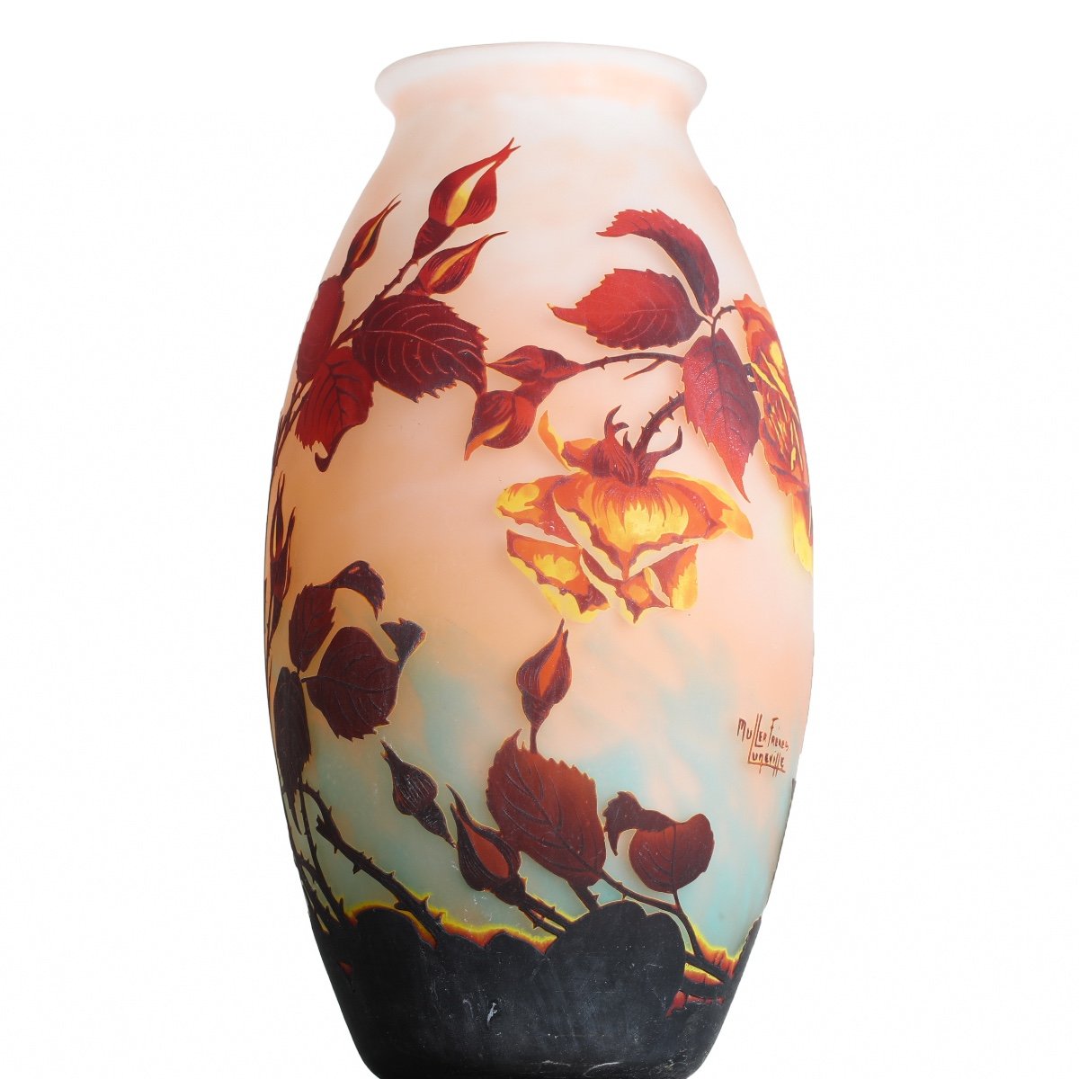 Impressive Vase Glass With Roses Signed Muller Frères Lunéville - Art Nouveau Circa 1920-photo-2