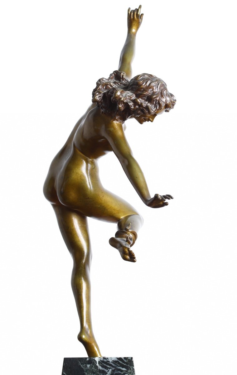 Grande Sculpture Bronze Danseuse Au Serpent De Claire Colinet 1880-1950 - Circa 1925 Art Deco-photo-3