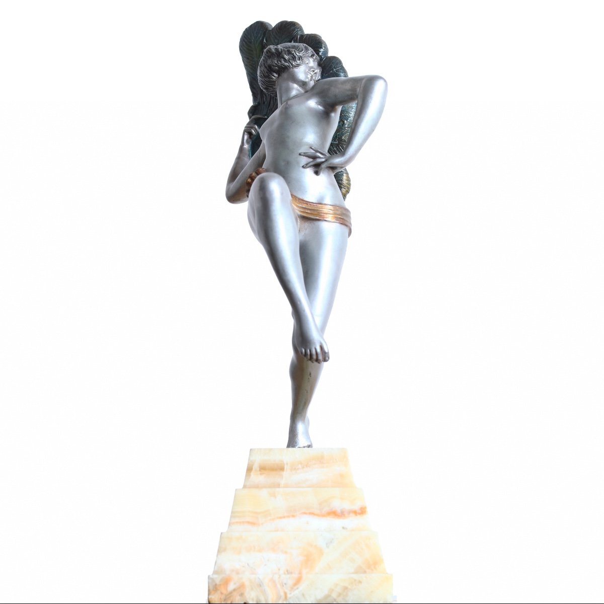 Henri Désiré Grisard Large Bronze Subject Woman With Peacock Feathers - Art Deco 1925-photo-1