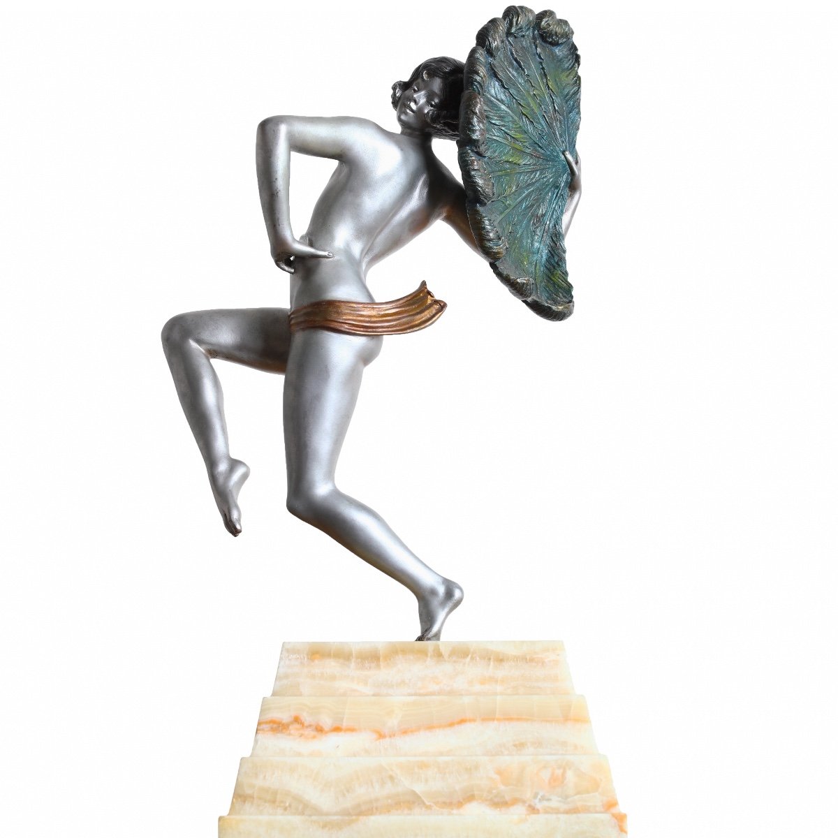 Henri Désiré Grisard Large Bronze Subject Woman With Peacock Feathers - Art Deco 1925-photo-3