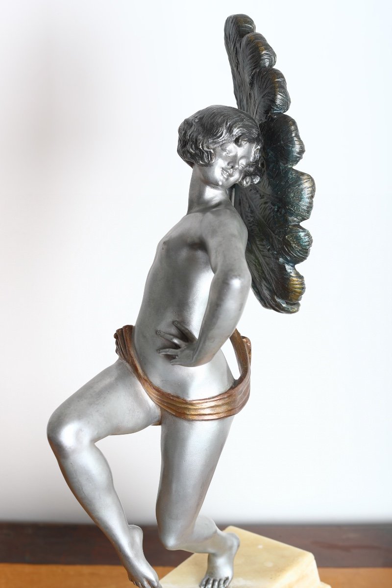 Henri Désiré Grisard Large Bronze Subject Woman With Peacock Feathers - Art Deco 1925-photo-5