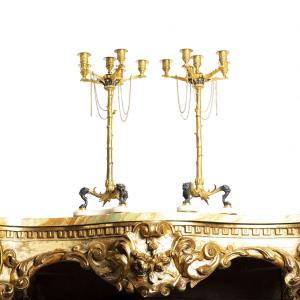 Important Pair Of "bamboo" Candelabras In The Style Of H. Cahieux And F. Barbedienne Circa 1870