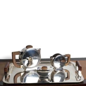 Tea Coffee Service In Silver Metal & Wood By Christofle, Design Christian Fjerdingstad - Art Deco 1933