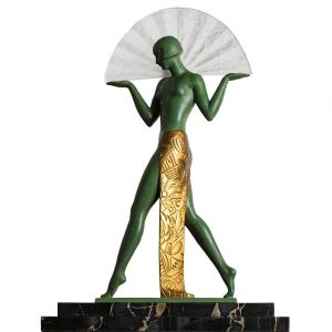 Large Illuminating Sculpture Lamp "espana With  Fan" Signed Guerbe, Le Verrier Art Deco 1925