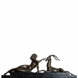Bronze Sculpture "woman With Antelope" By Alexandre Kéléty (1874-1940) - Art Deco