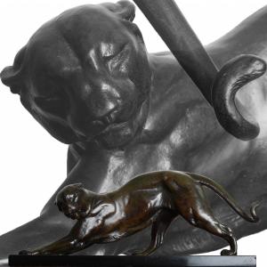 Large Sculpture "panther" In Iron Cast Old Edition By Plagnet Era Bouraine, Le Verrier, Decoux, Prost - Art Deco 1930